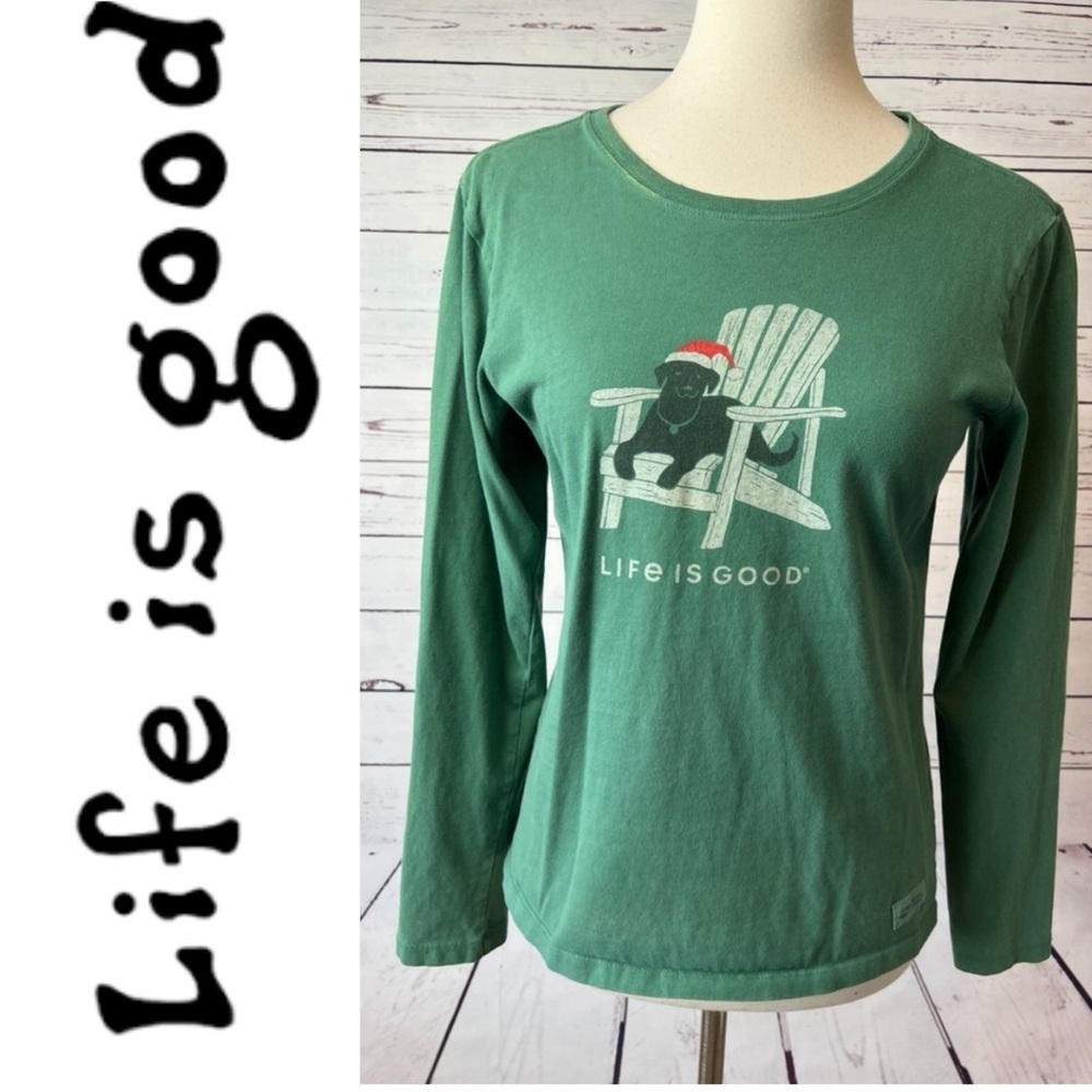 Life Is Good Green Long Sleeve Tee with Dog Graphic - Picture 2 of 7